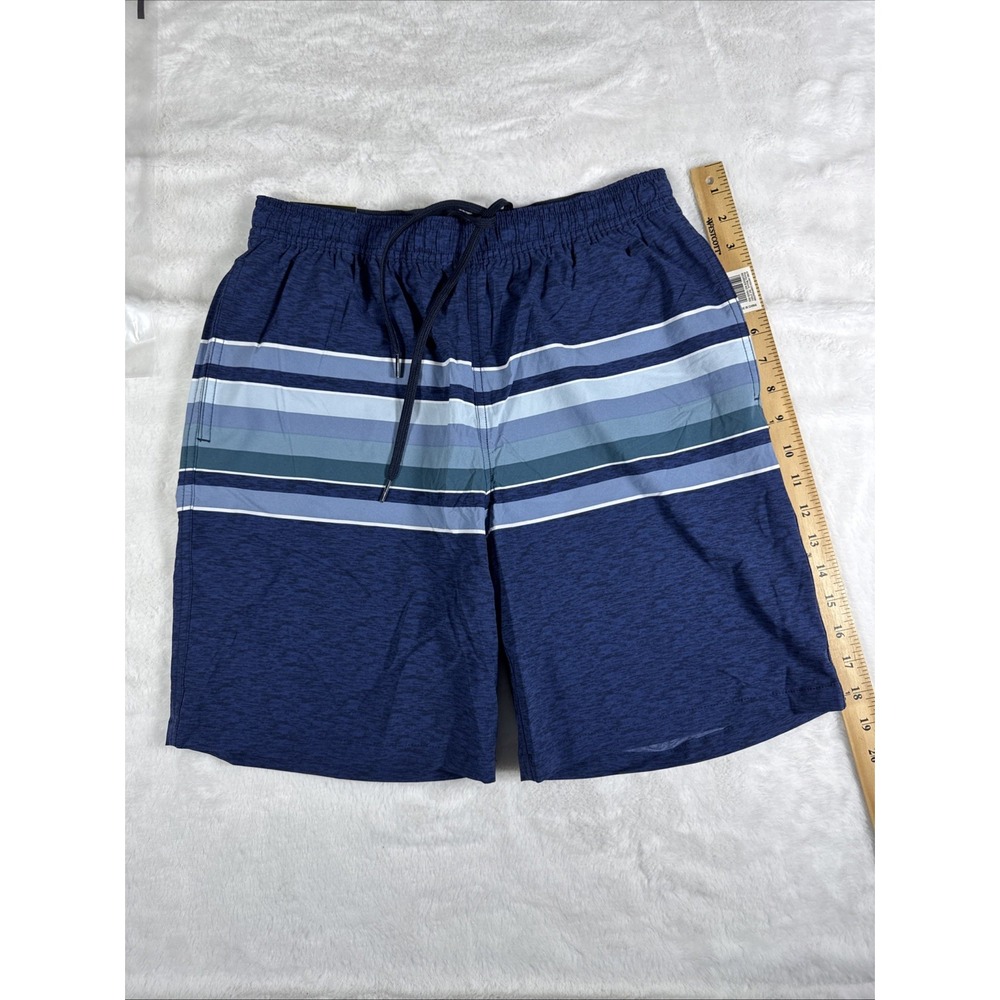 Kirkland Signature Mens Swim Short Navy Blue Striped Stretch Trunks Size S NEW